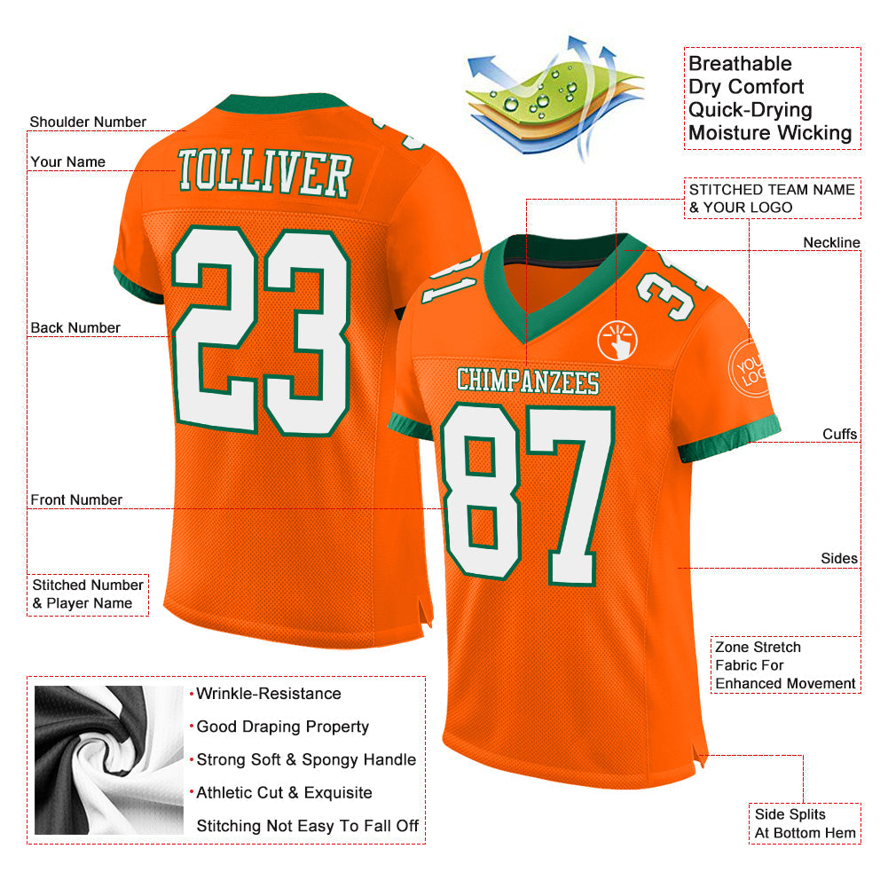 Custom Orange White-Kelly Green Mesh Authentic Football Jersey