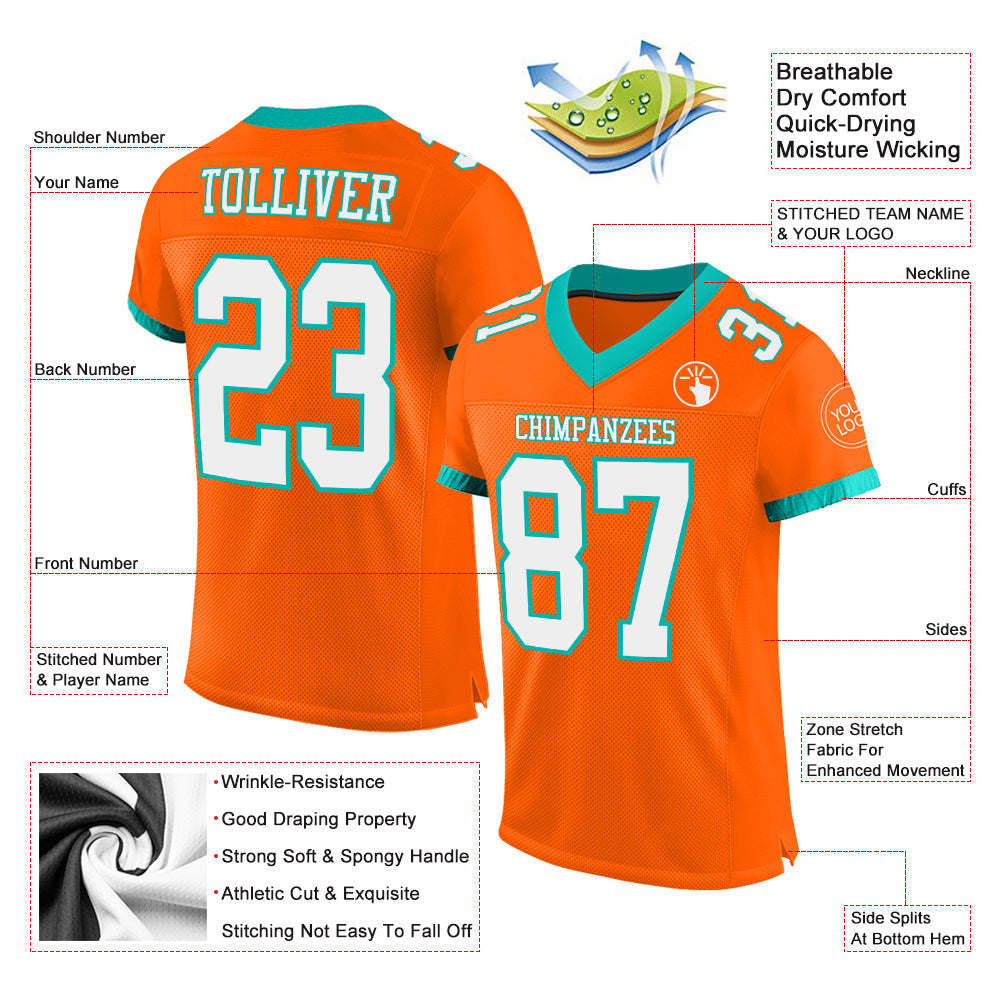 Custom Orange White-Aqua Mesh Authentic Football Jersey