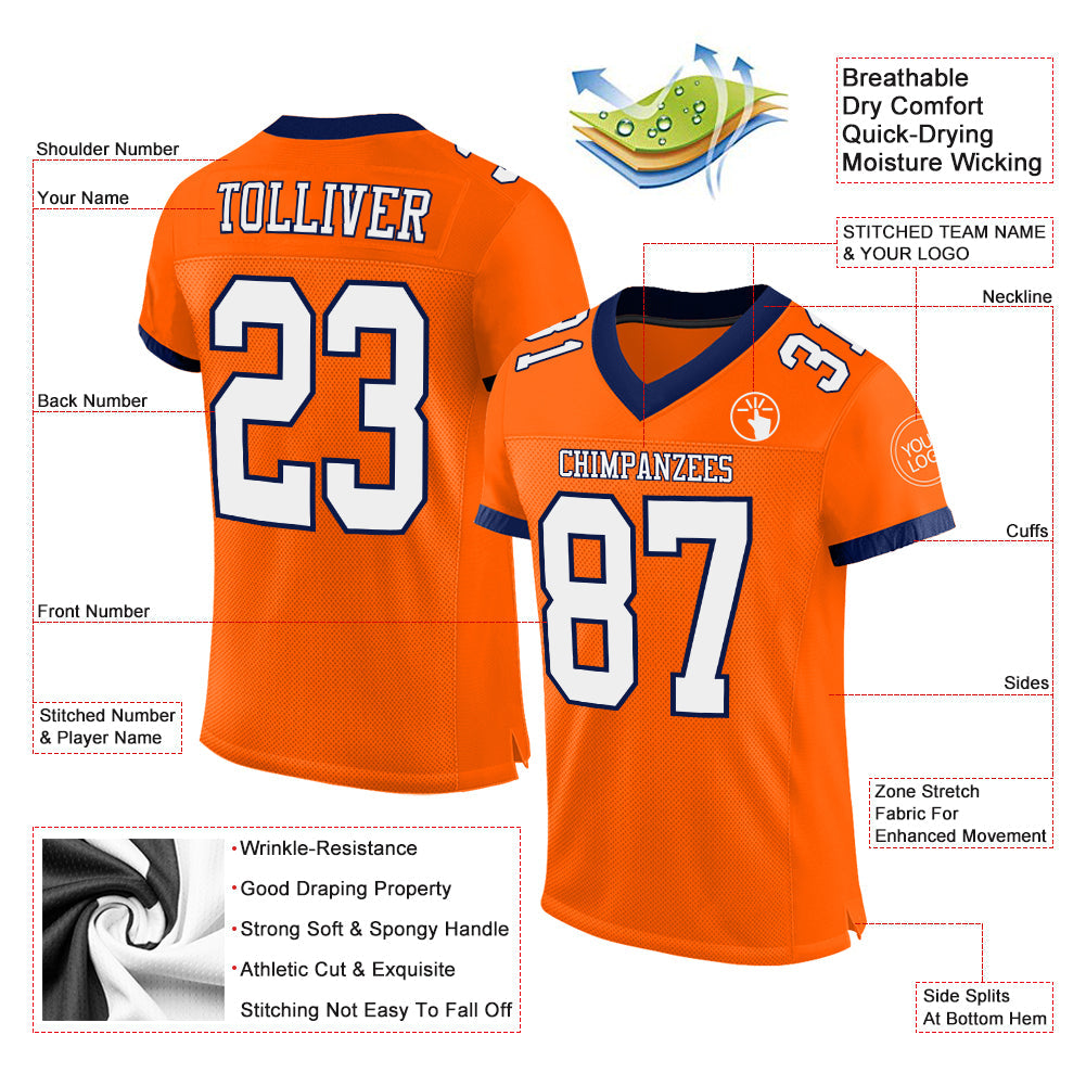 Custom Orange White-Navy Mesh Authentic Football Jersey