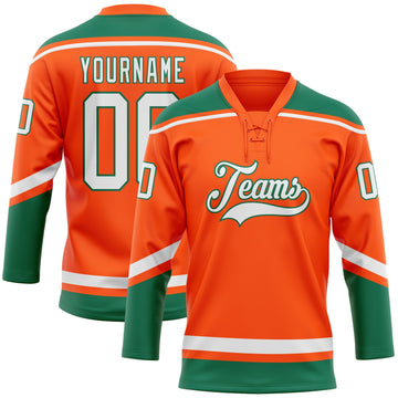 Custom Orange White-Kelly Green Hockey Lace Neck Jersey