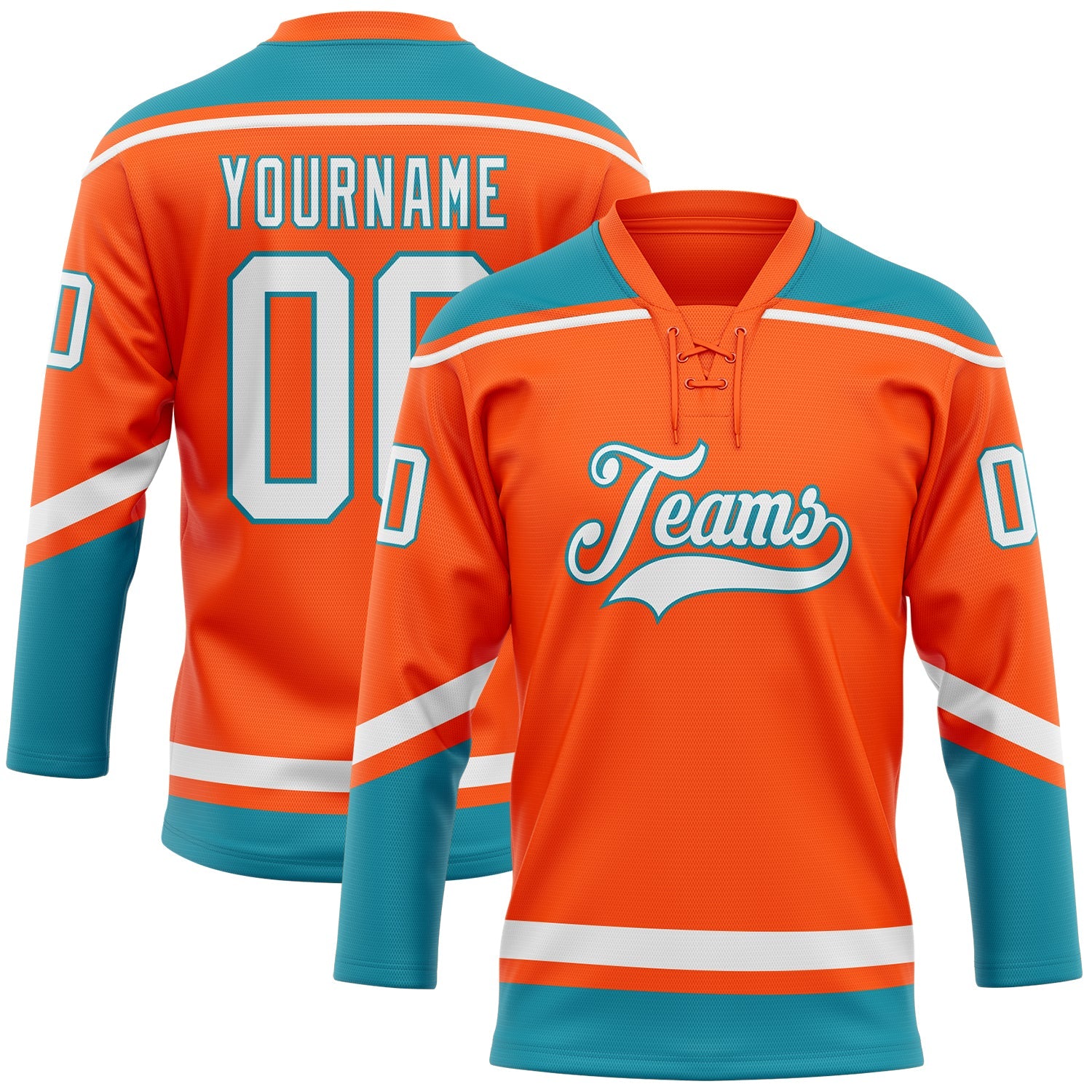 Custom Orange White-Teal Hockey Lace Neck Jersey