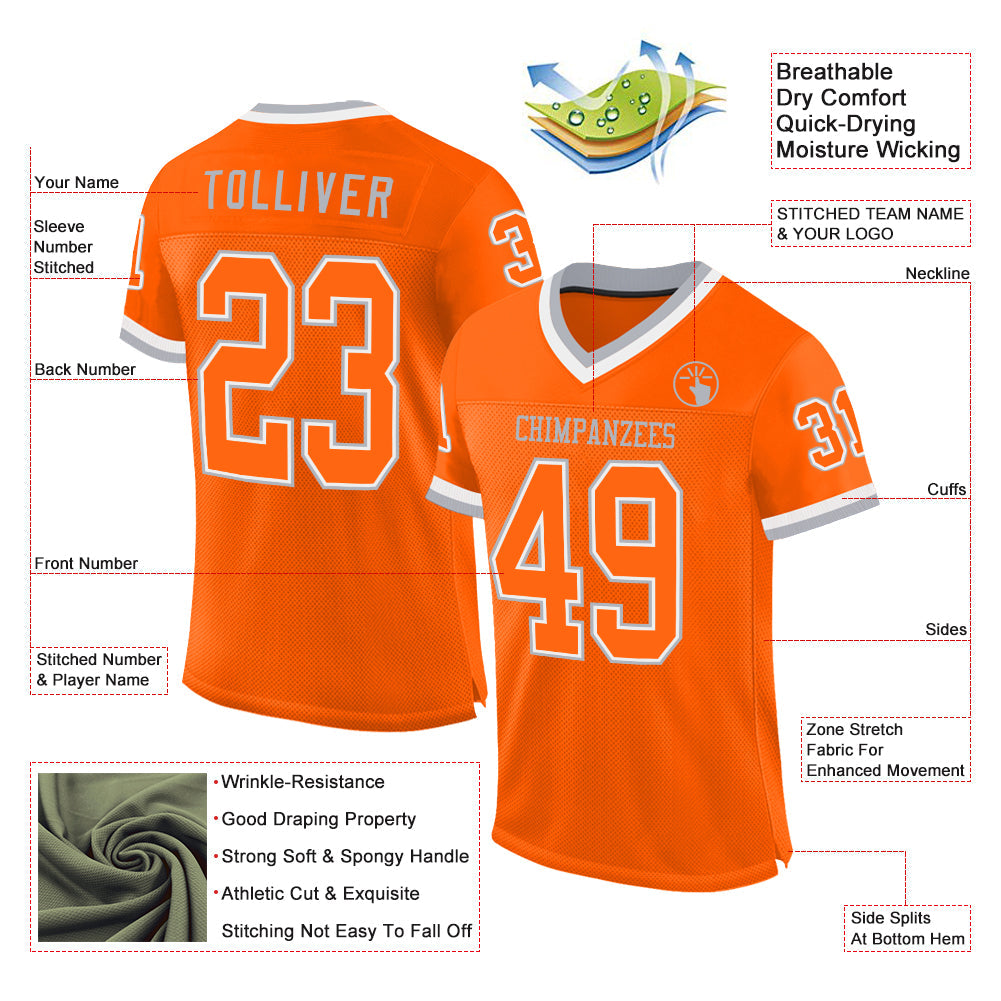 Custom Orange White-Gray Mesh Authentic Throwback Football Jersey