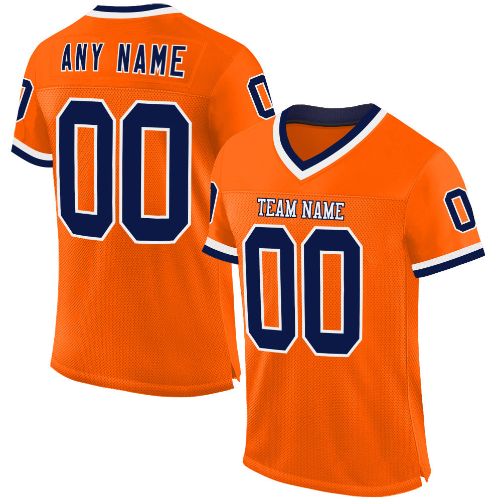 Custom Orange Navy-White Mesh Authentic Throwback Football Jersey