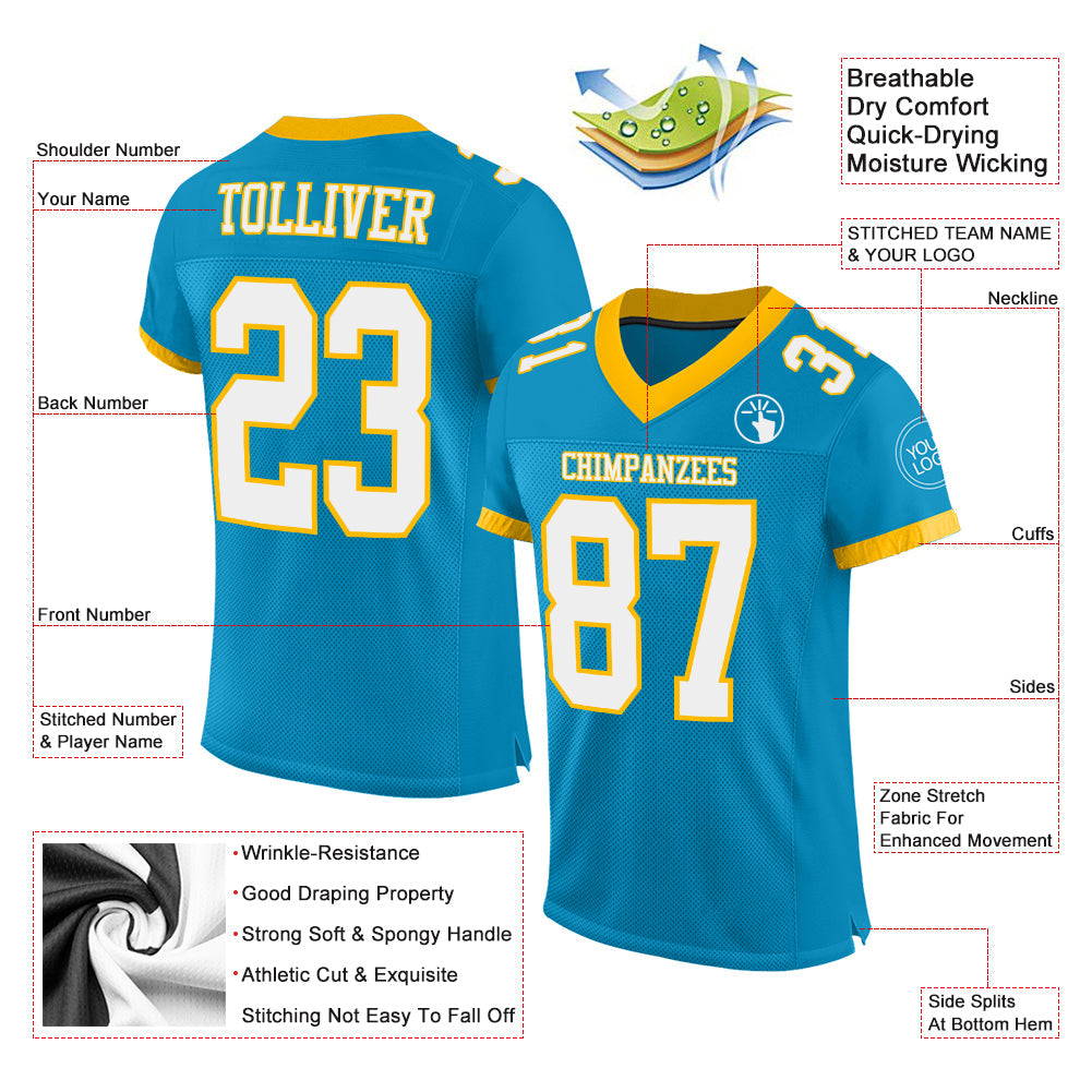 Custom Panther Blue White-Gold Mesh Authentic Football Jersey