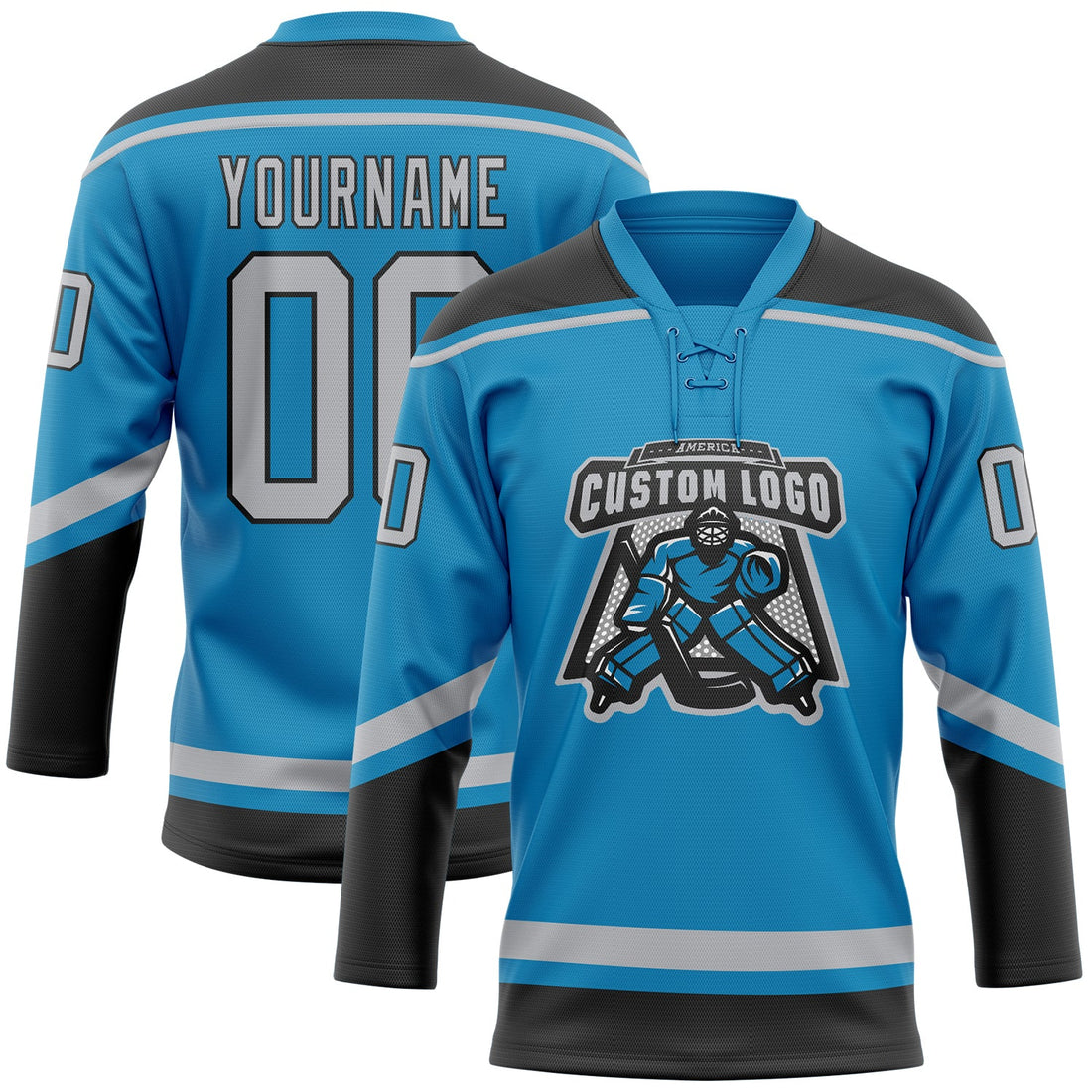 Custom Panther Blue Gray-Black Hockey Lace Neck Jersey