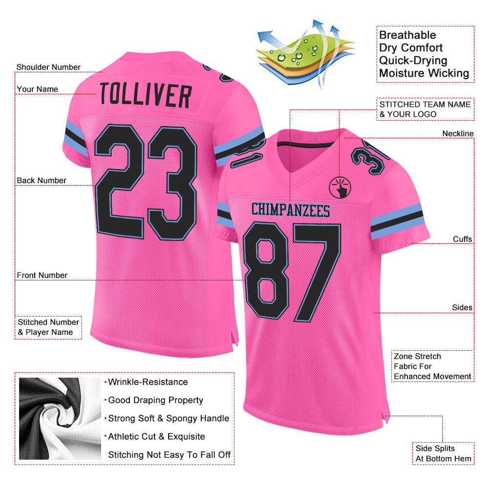 Custom Pink Black-Light Blue Mesh Authentic Football Jersey