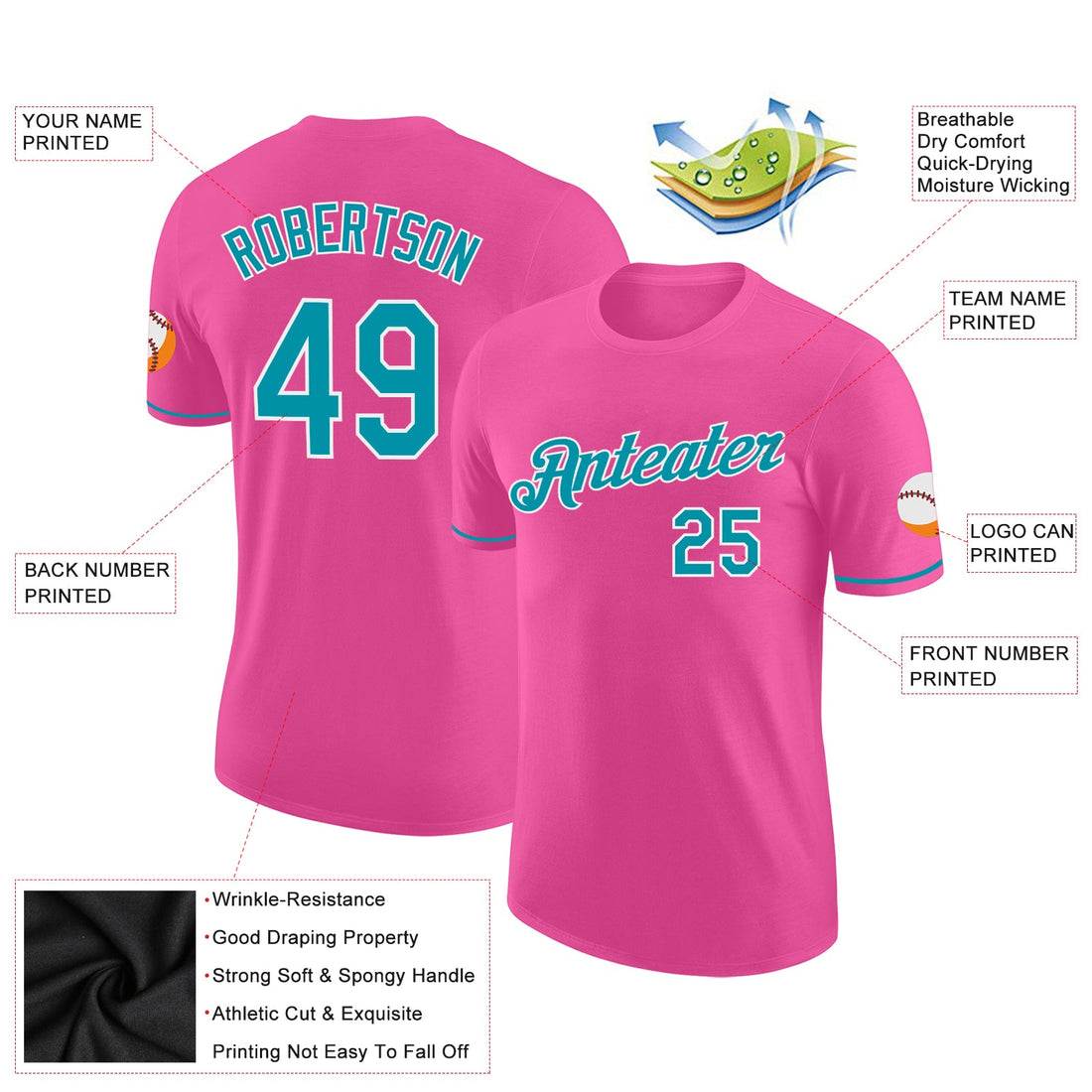 Custom Pink Teal-White Performance T-Shirt