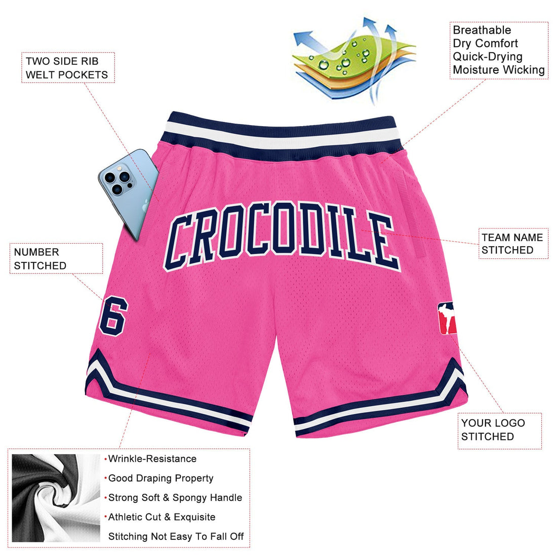 Custom Pink Navy-White Authentic Throwback Basketball Shorts