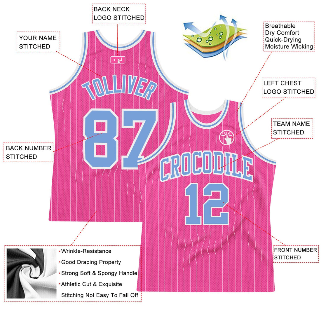 Custom Pink White Pinstripe Light Blue-White Authentic Basketball Jersey