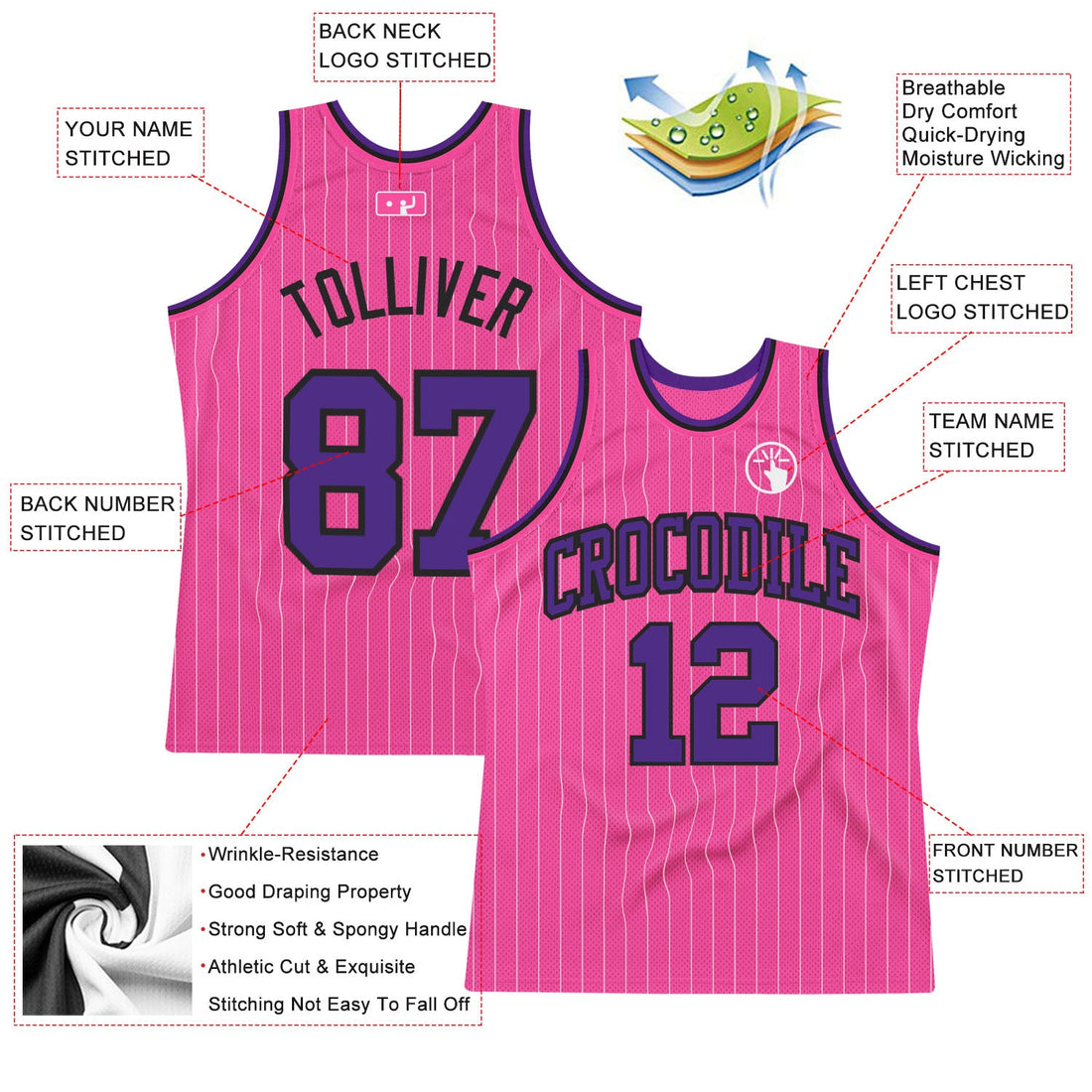 Custom Pink White Pinstripe Purple-Black Authentic Basketball Jersey