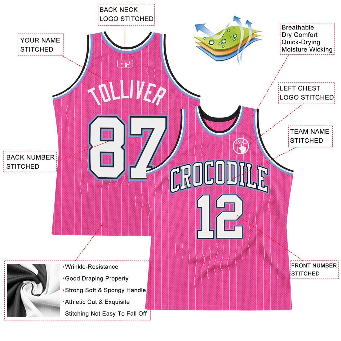 Custom Pink White Pinstripe White Black-Light Blue Authentic Basketball Jersey