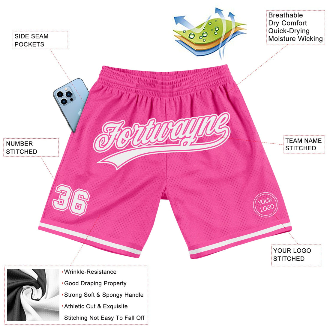 Custom Pink White Authentic Throwback Basketball Shorts