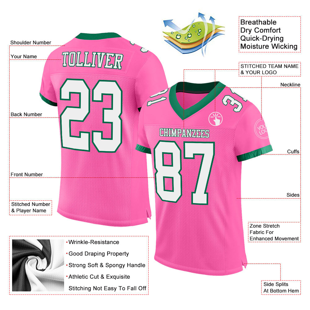 Custom Pink White-Kelly Green Mesh Authentic Football Jersey