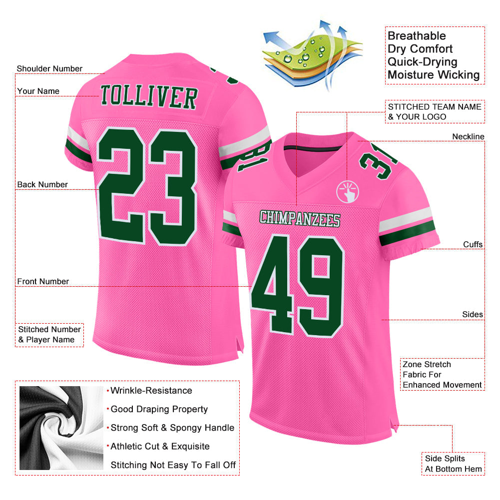 Custom Pink Green-White Mesh Authentic Football Jersey