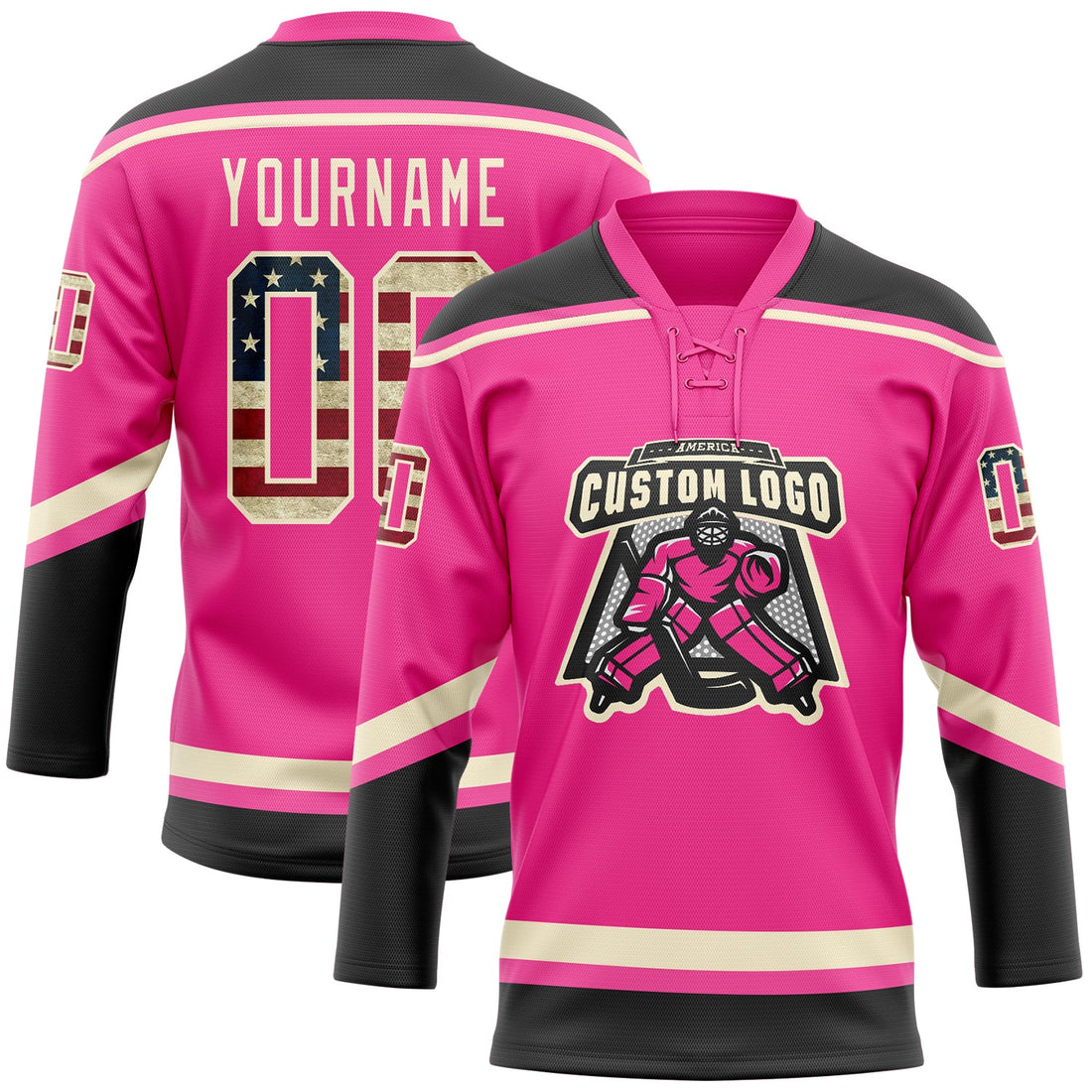 Custom Pink Vintage USA Flag Black-Cream Hockey Lace Neck Jersey