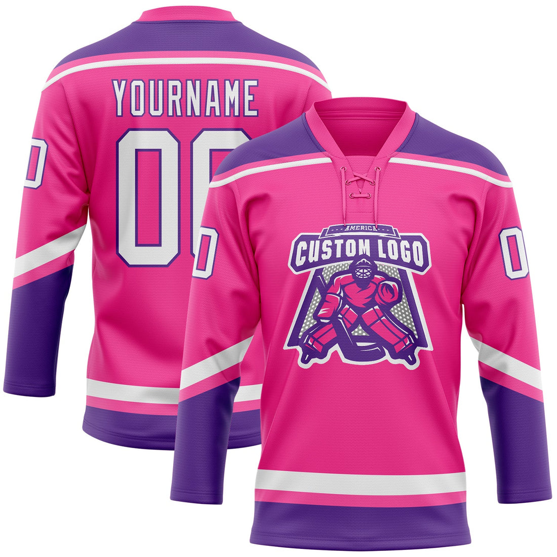 Custom Pink White-Purple Hockey Lace Neck Jersey