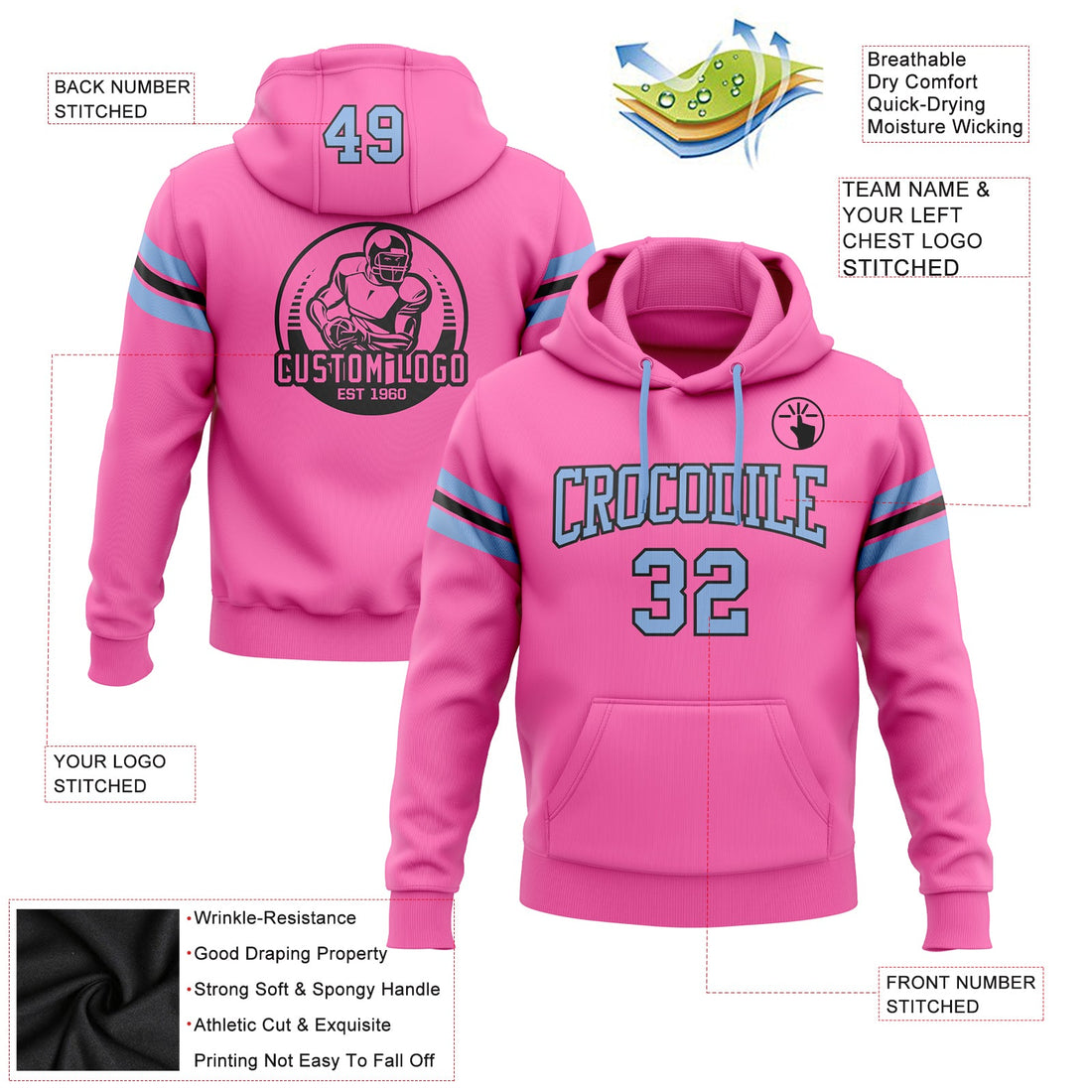 Custom Stitched Pink Light Blue-Black Football Pullover Sweatshirt Hoodie