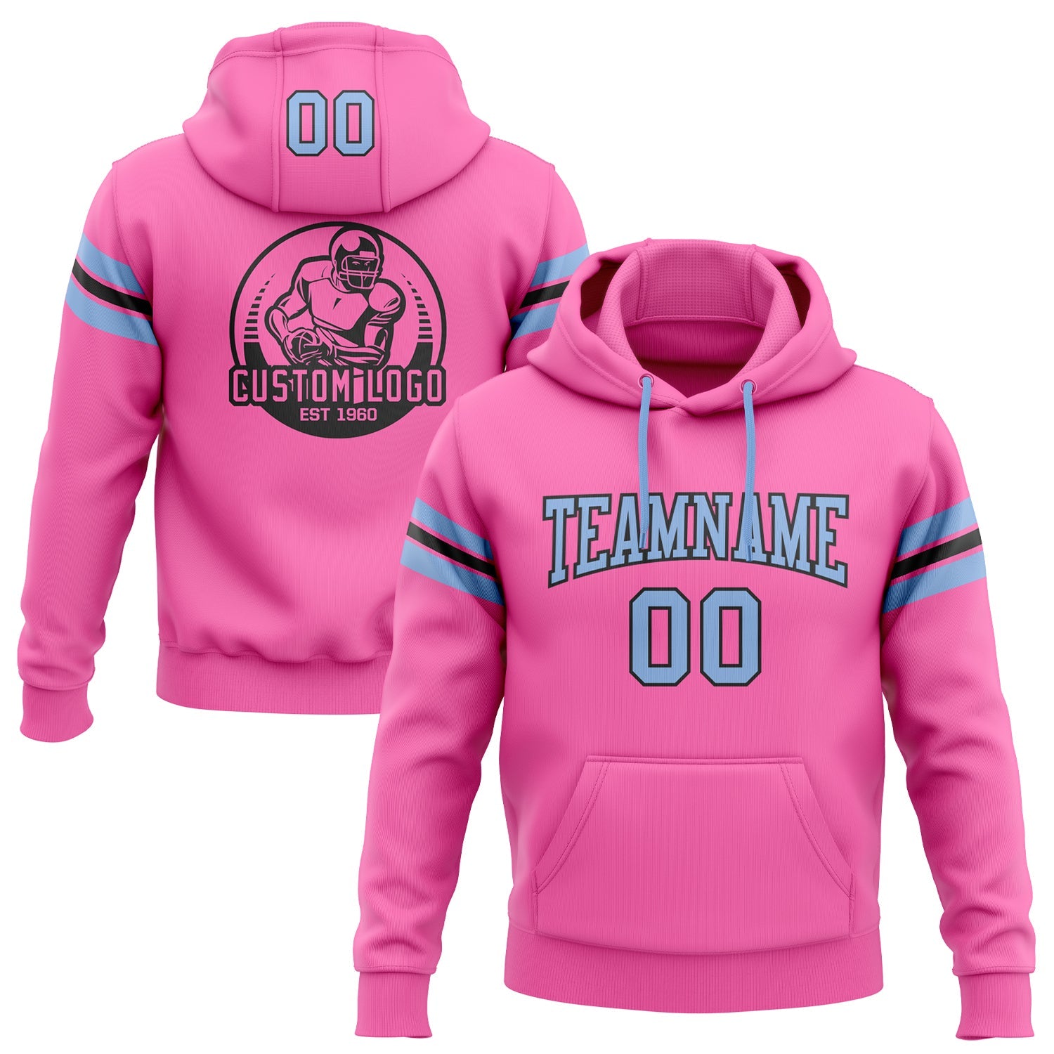 Custom Stitched Pink Light Blue-Black Football Pullover Sweatshirt Hoodie