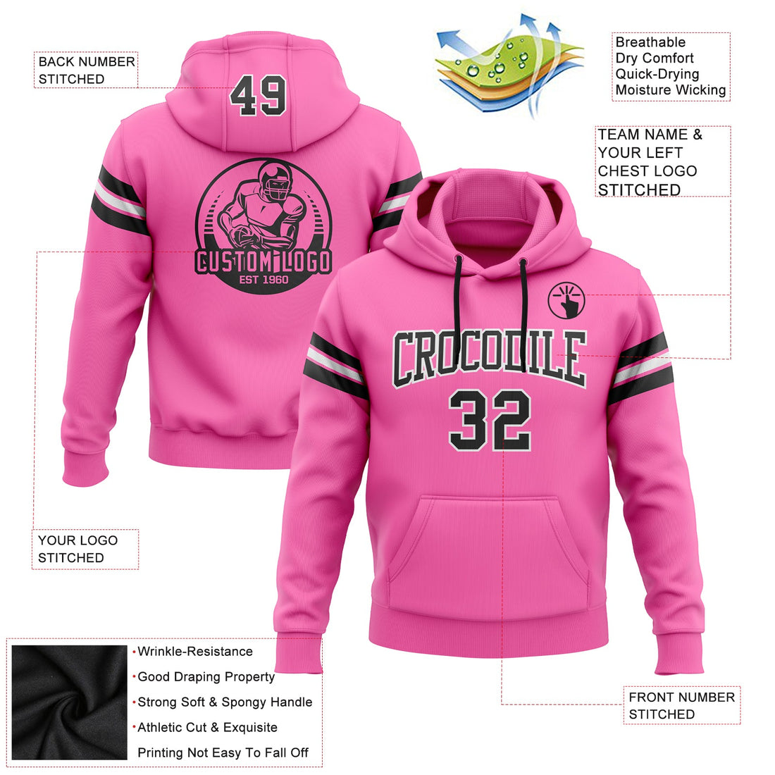 Custom Stitched Pink Black-White Football Pullover Sweatshirt Hoodie