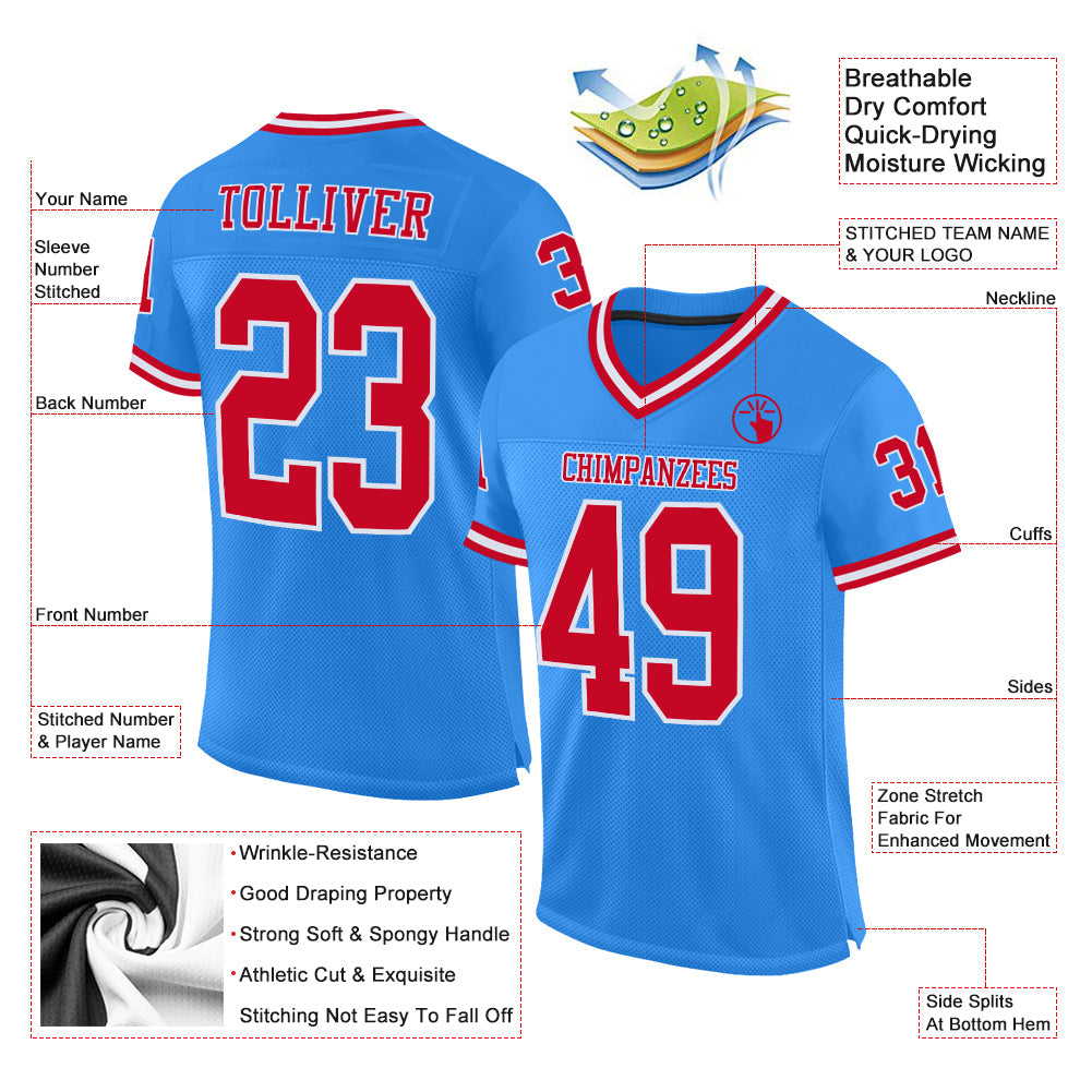 Custom Powder Blue Red-White Mesh Authentic Throwback Football Jersey