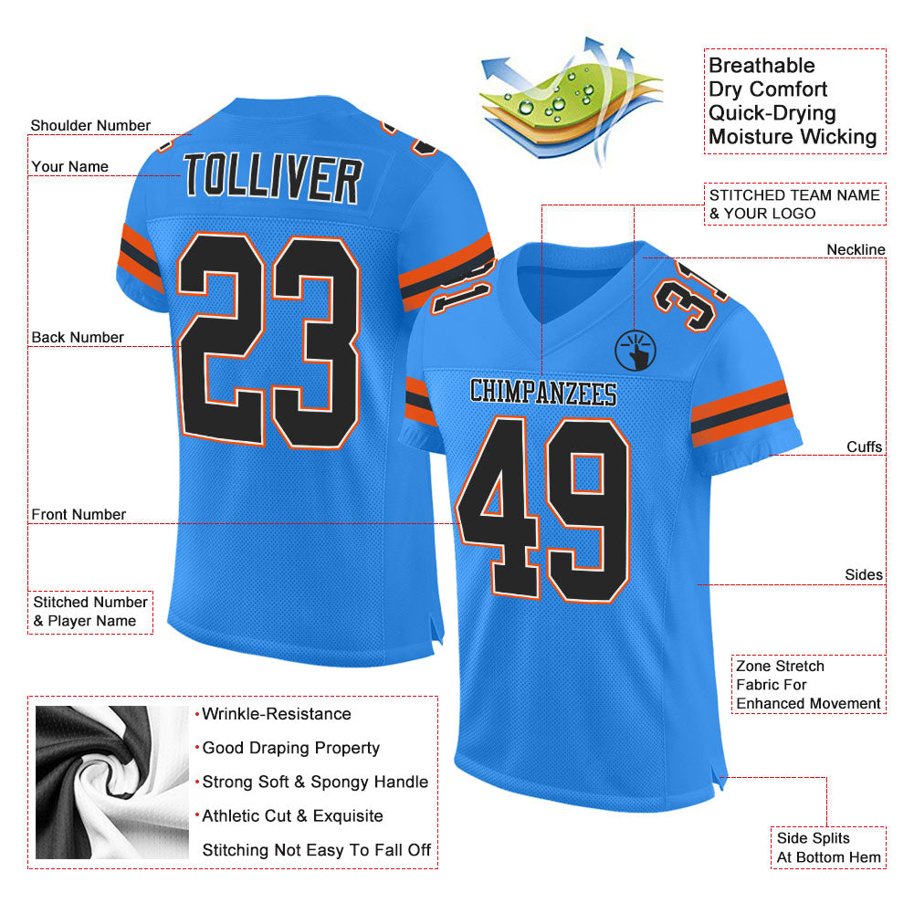 Custom Powder Blue Black-Orange Mesh Authentic Football Jersey