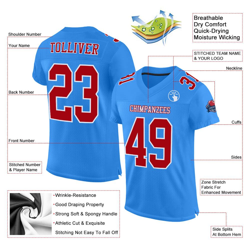 Custom Powder Blue Red-White Mesh Authentic Football Jersey