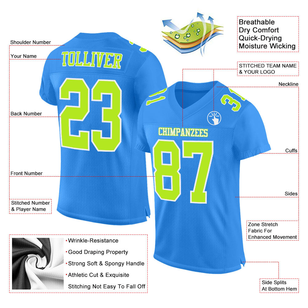 Custom Powder Blue Neon Green-White Mesh Authentic Football Jersey