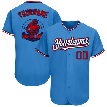 Custom Powder Blue Red-Navy Pinstripe Red Authentic Baseball Jersey