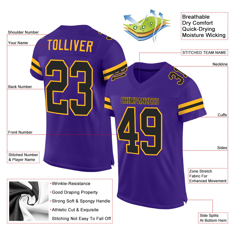 Custom Purple Black-Gold Mesh Authentic Football Jersey