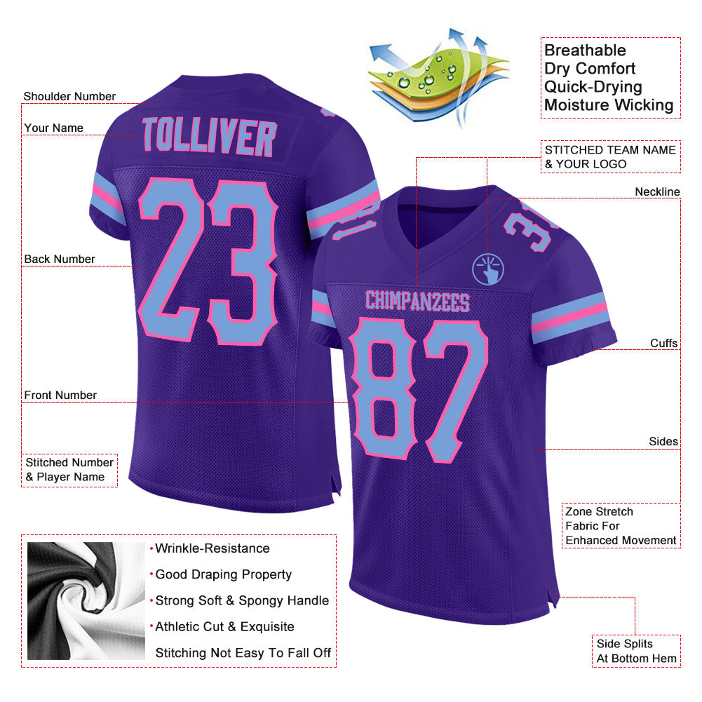 Custom Purple Light Blue-Pink Mesh Authentic Football Jersey