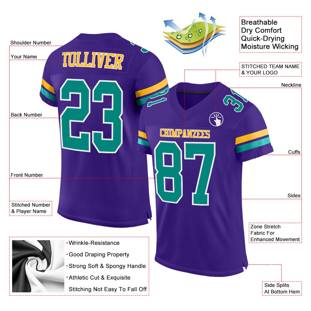 Custom Purple Aqua-Gold Mesh Authentic Football Jersey