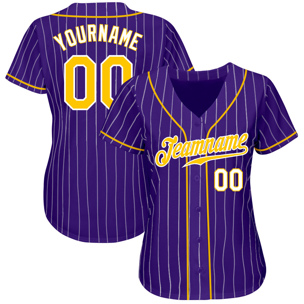 Custom Purple White Pinstripe Gold-White Authentic Baseball Jersey