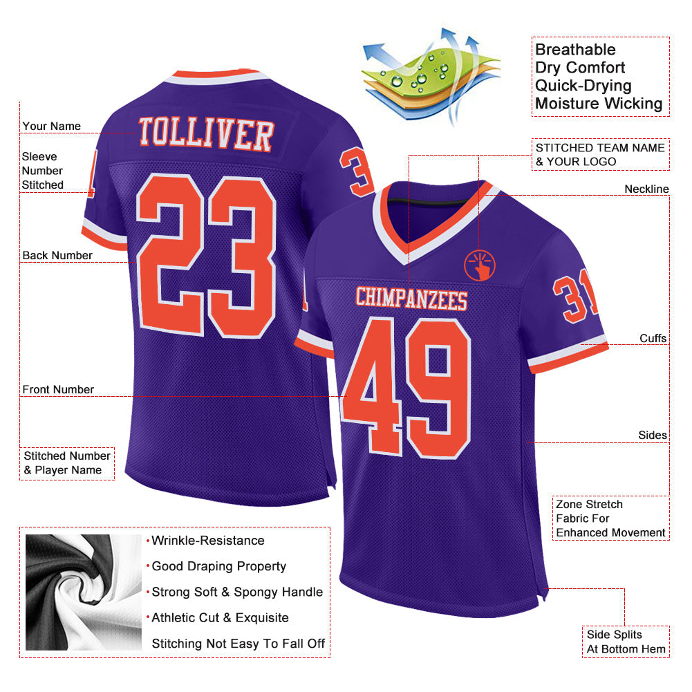 Custom Purple Orange-White Mesh Authentic Throwback Football Jersey