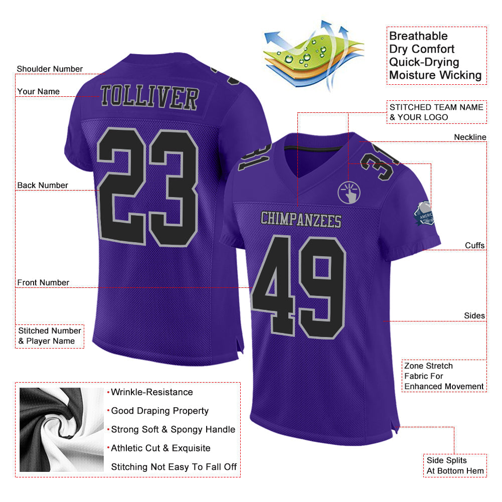 Custom Purple Black-Gray Mesh Authentic Football Jersey