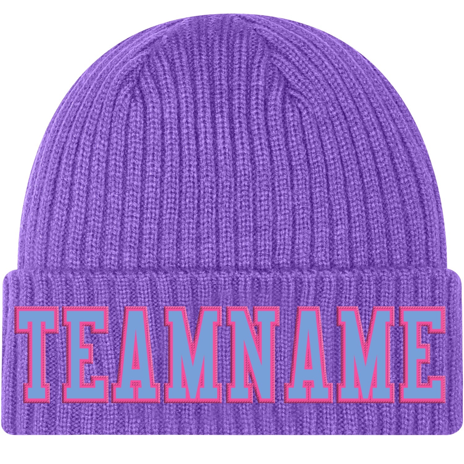 Custom Purple Light Blue-Pink Stitched Cuffed Knit Hat