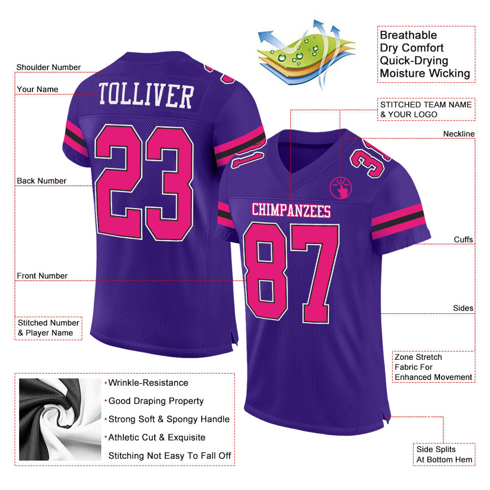 Custom Purple Hot Pink-Black Mesh Authentic Football Jersey