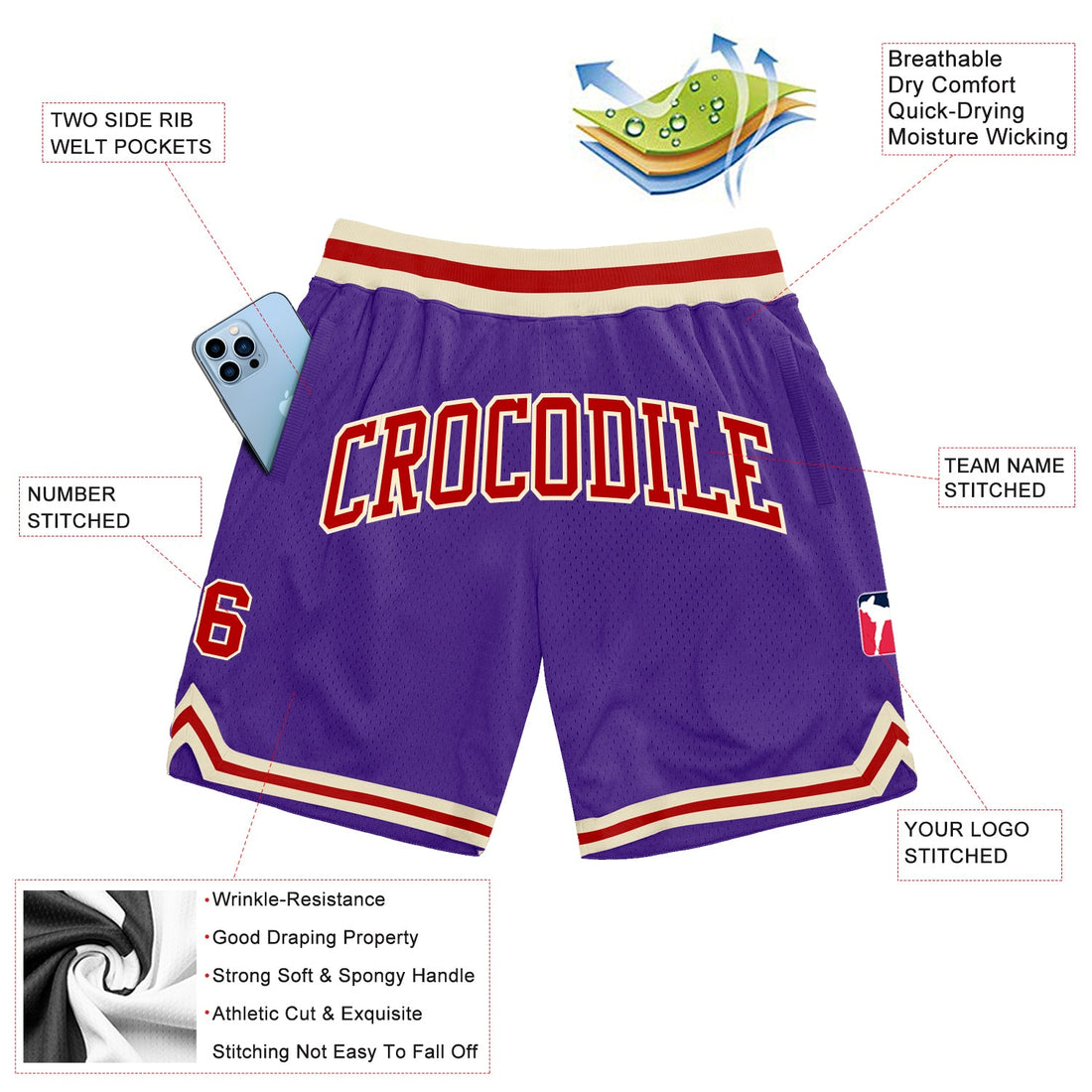 Custom Purple Red-Cream Authentic Throwback Basketball Shorts