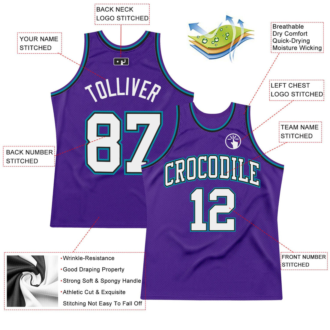 Custom Purple White Black-Teal Authentic Throwback Basketball Jersey