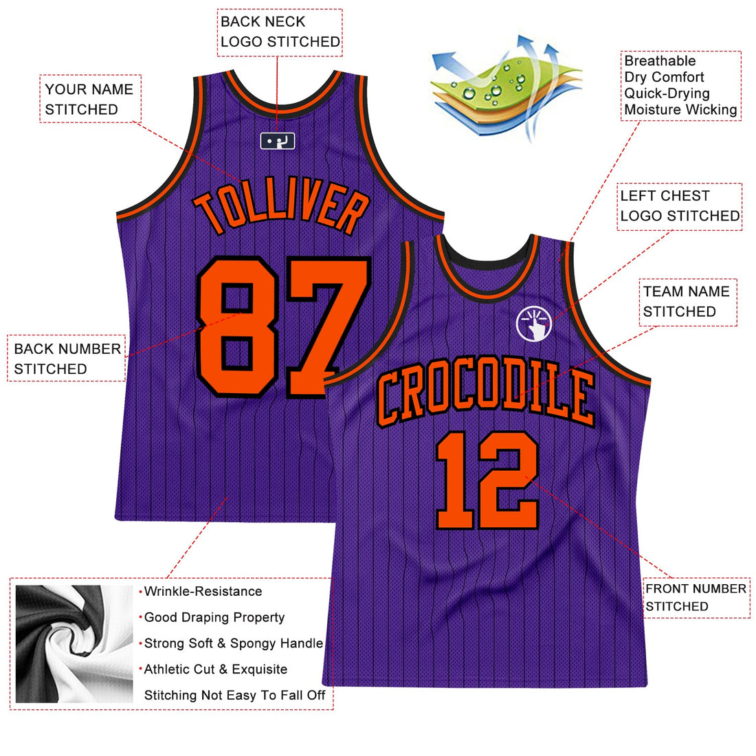 Custom Purple Black Pinstripe Orange Authentic Basketball Jersey