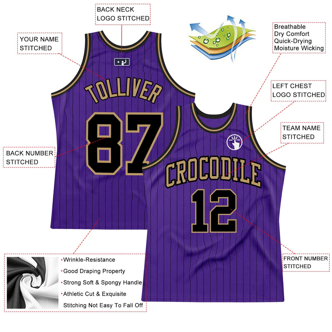 Custom Purple Black Pinstripe Black-Old Gold Authentic Basketball Jersey