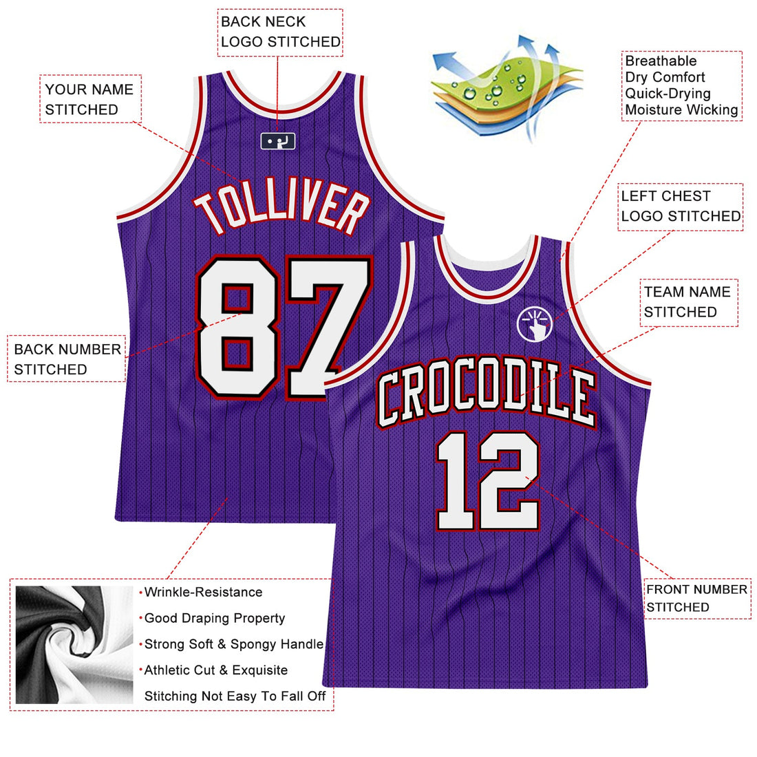 Custom Purple Black Pinstripe White-Red Authentic Basketball Jersey