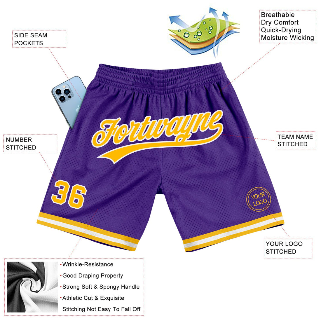 Custom Purple Gold-White Authentic Throwback Basketball Shorts