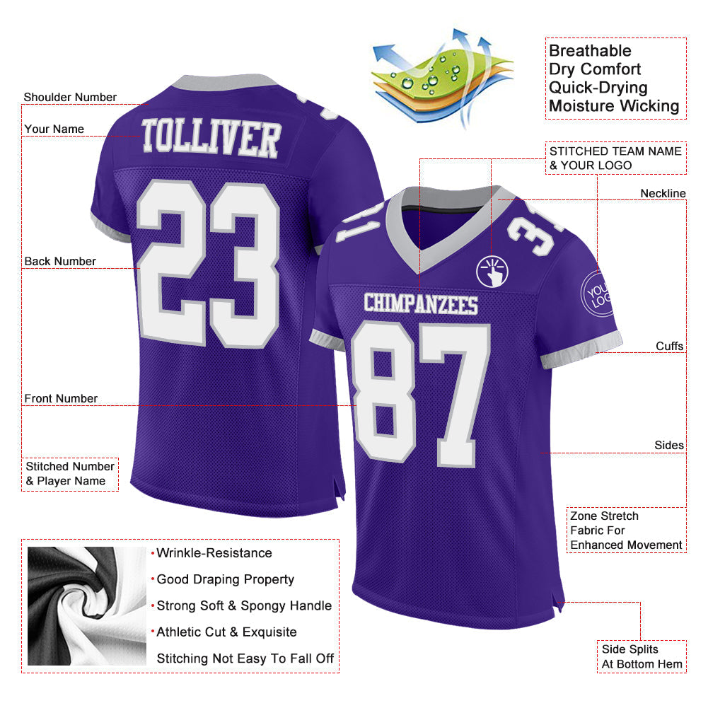 Custom Purple White-Gray Mesh Authentic Football Jersey