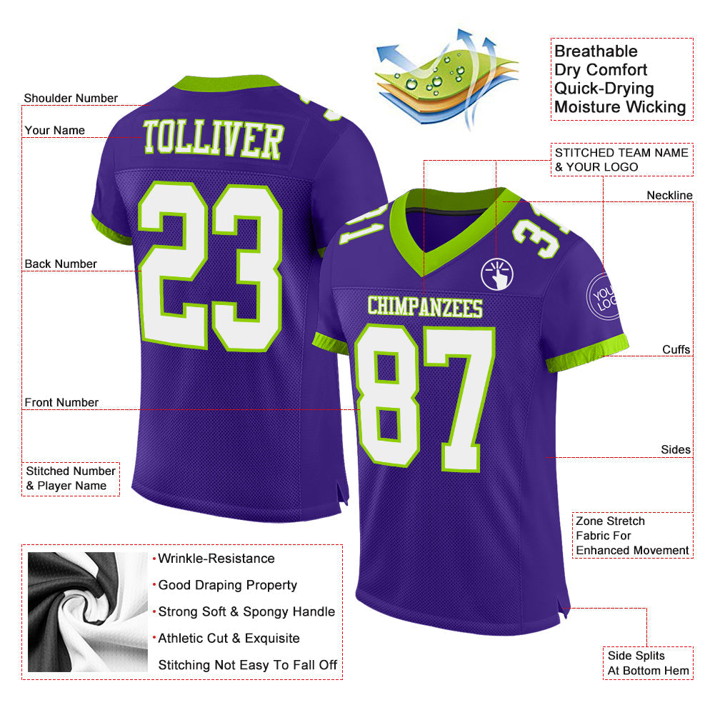 Custom Purple White-Neon Green Mesh Authentic Football Jersey