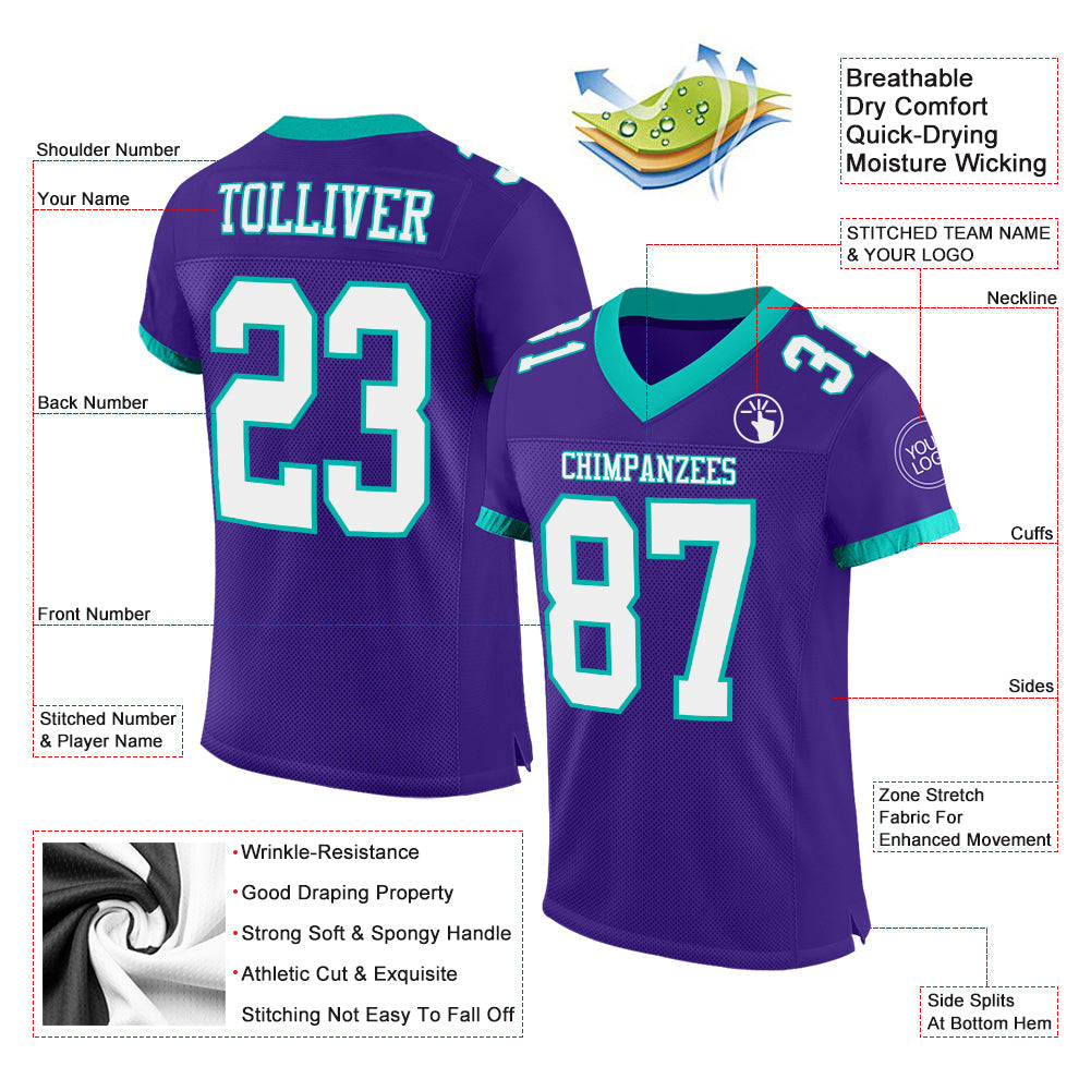 Custom Purple White-Aqua Mesh Authentic Football Jersey