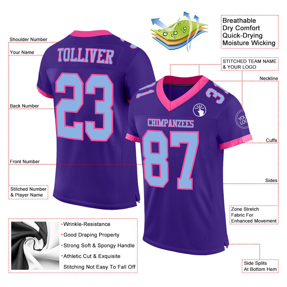 Custom Purple Light Blue-Pink Mesh Authentic Football Jersey