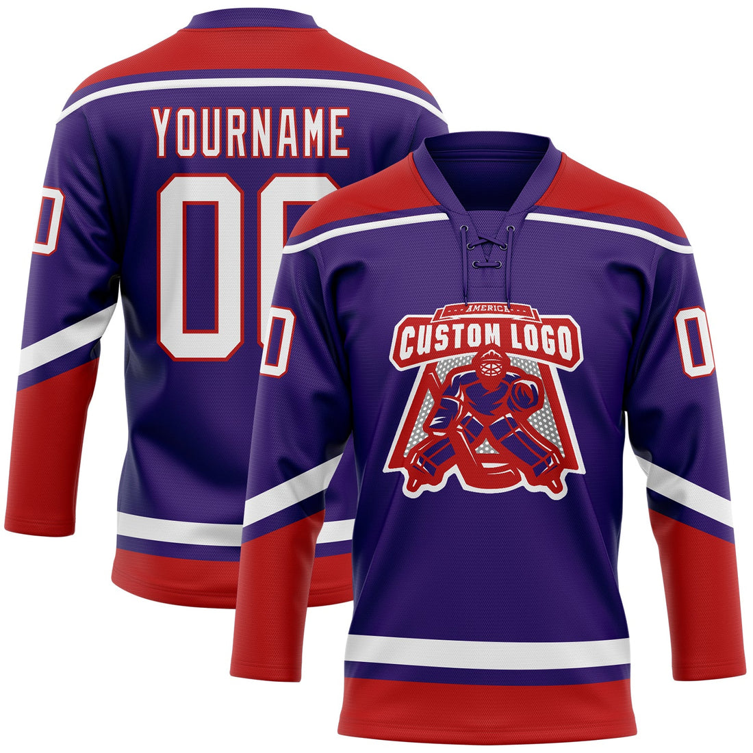 Custom Purple White-Red Hockey Lace Neck Jersey