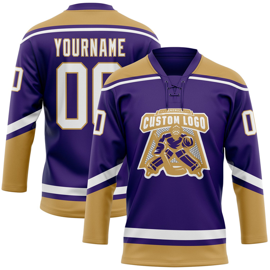 Custom Purple White-Old Gold Hockey Lace Neck Jersey