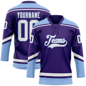 Custom Purple White-Light Blue Hockey Lace Neck Jersey