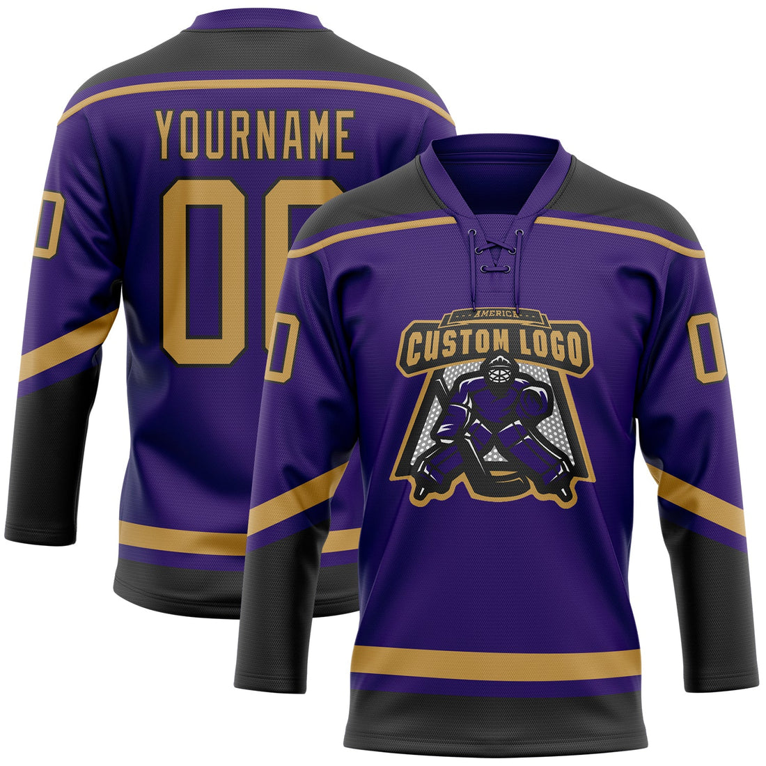 Custom Purple Old Gold-Black Hockey Lace Neck Jersey